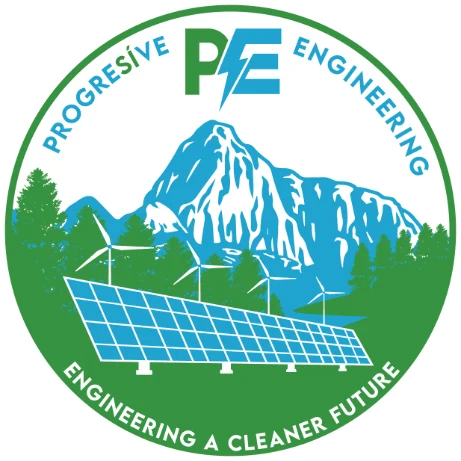 The Progresíve Engineering crest: a Machu Picchu–inspired mountain over solar panels and forest
