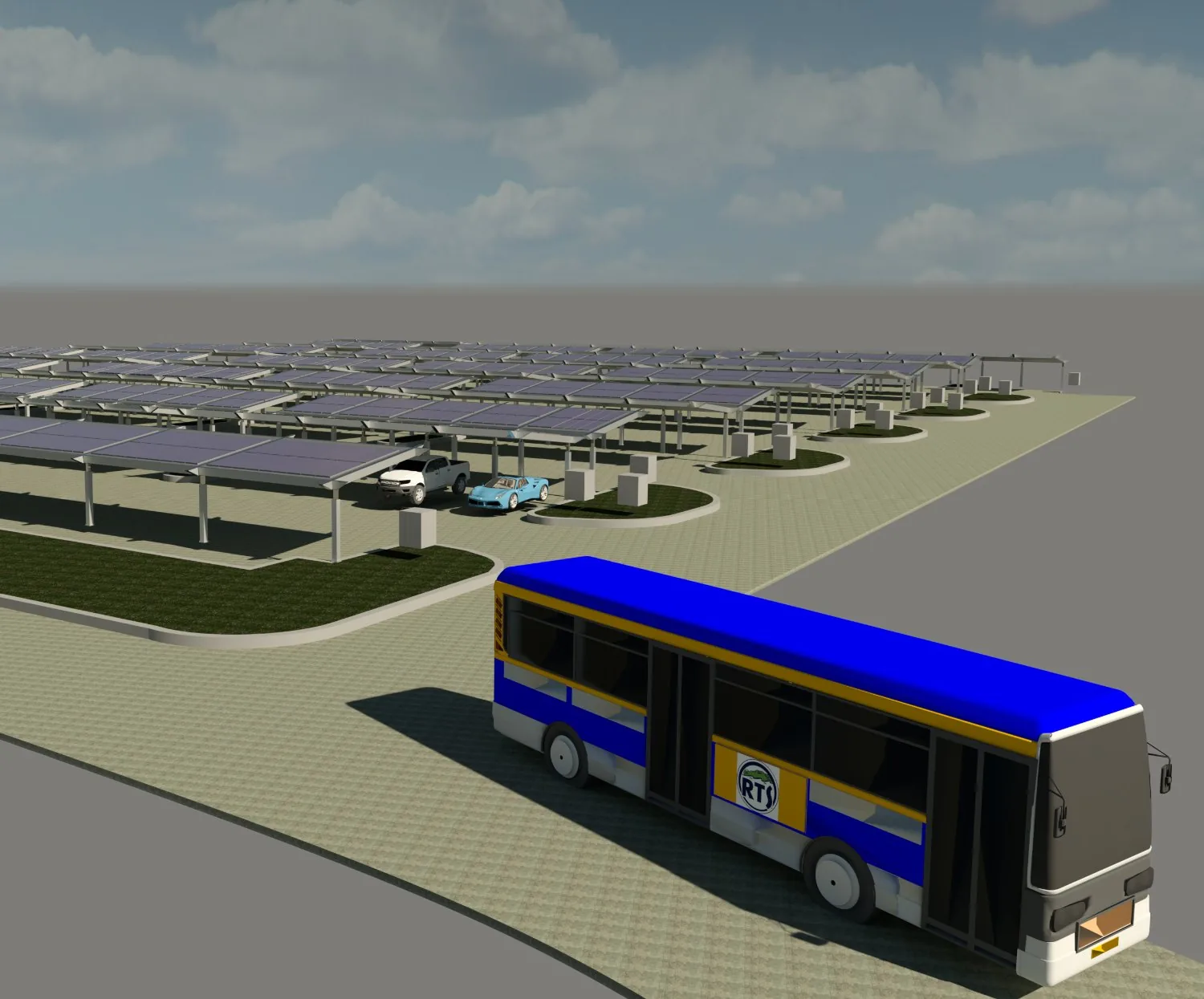 Rendering of solar carport canopies at a transit facility with a city bus
