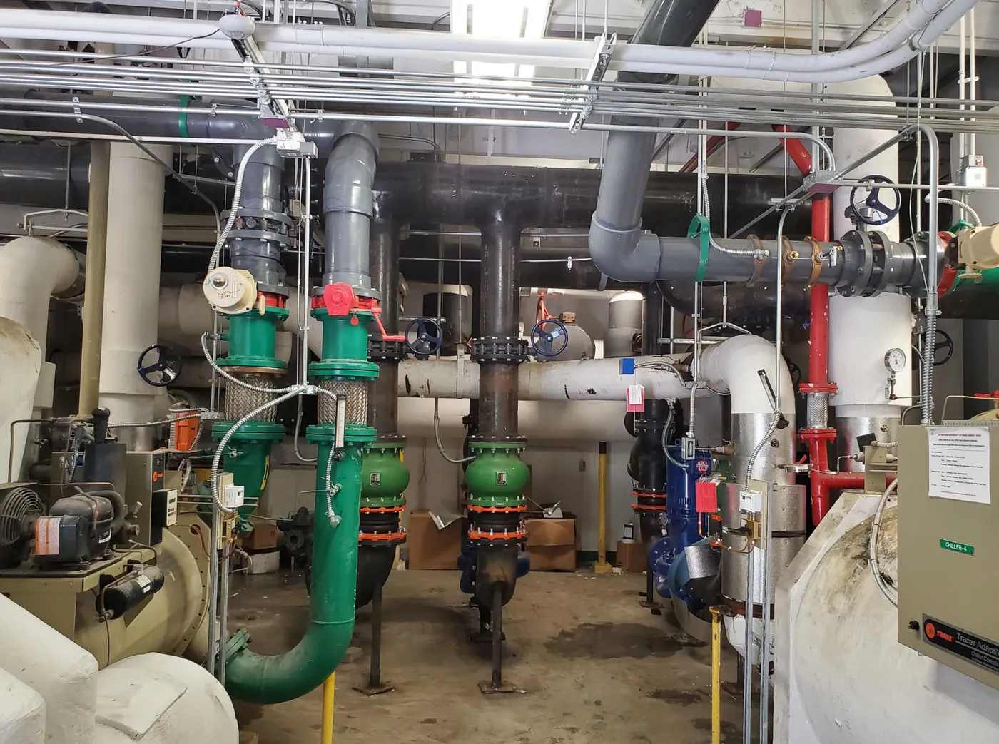 Chilled water plant piping at a University of Miami central utility plant